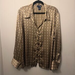 Venezia Jeans by Lane Bryant Gold and Brown Geometric Button-Up Shirt